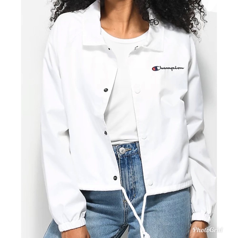 Champion Cropped White Coaches Jacket Wind Breaker Size Medium